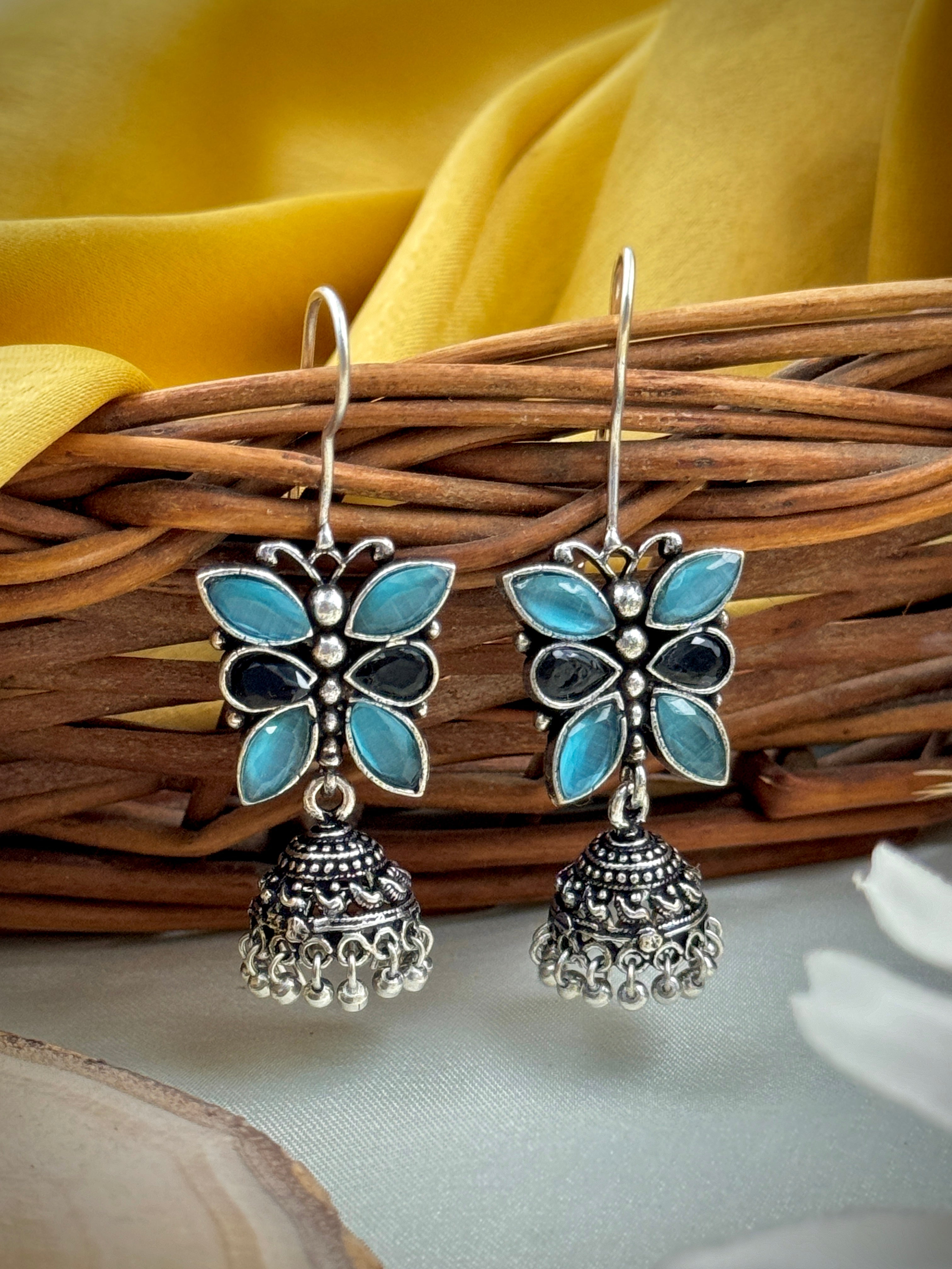 oxidised earrings, oxidized earrings, butterfly earrings, studs, hoops, tops, black and white earrings, kundan, monalisa stones, black and blue  studs