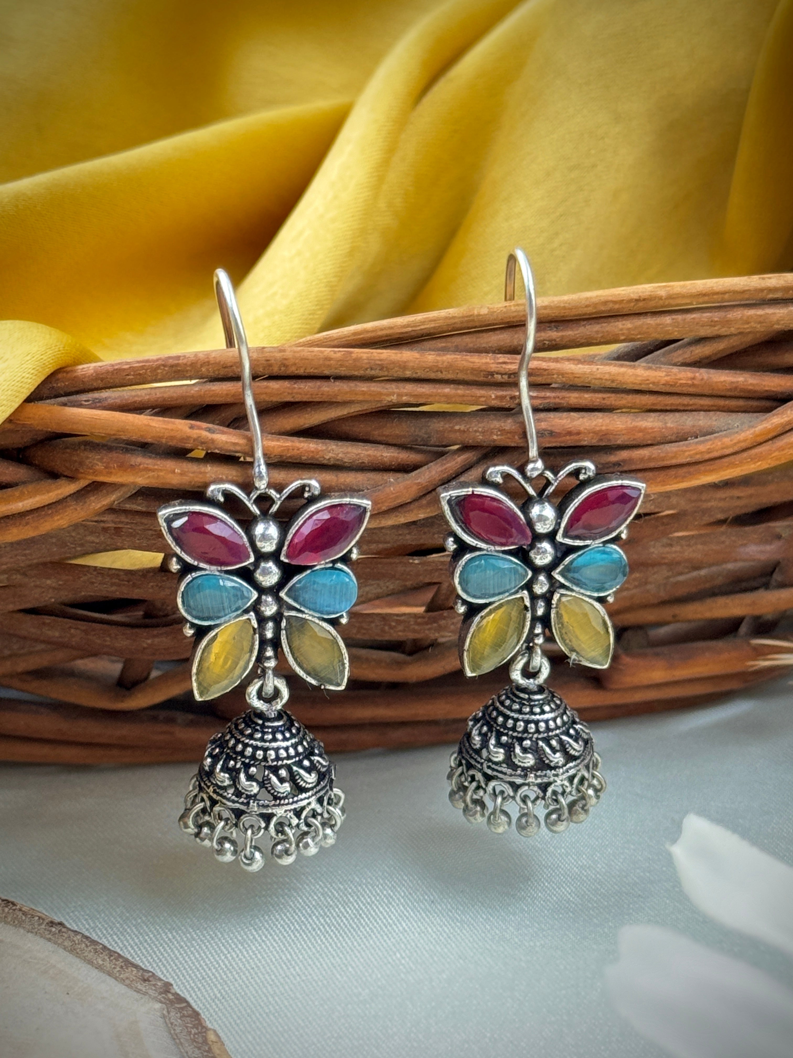 oxidised earrings, oxidized earrings, butterfly earrings, studs, hoops, tops, black and white earrings, kundan, monalisa stones, red and blue and yellow studs