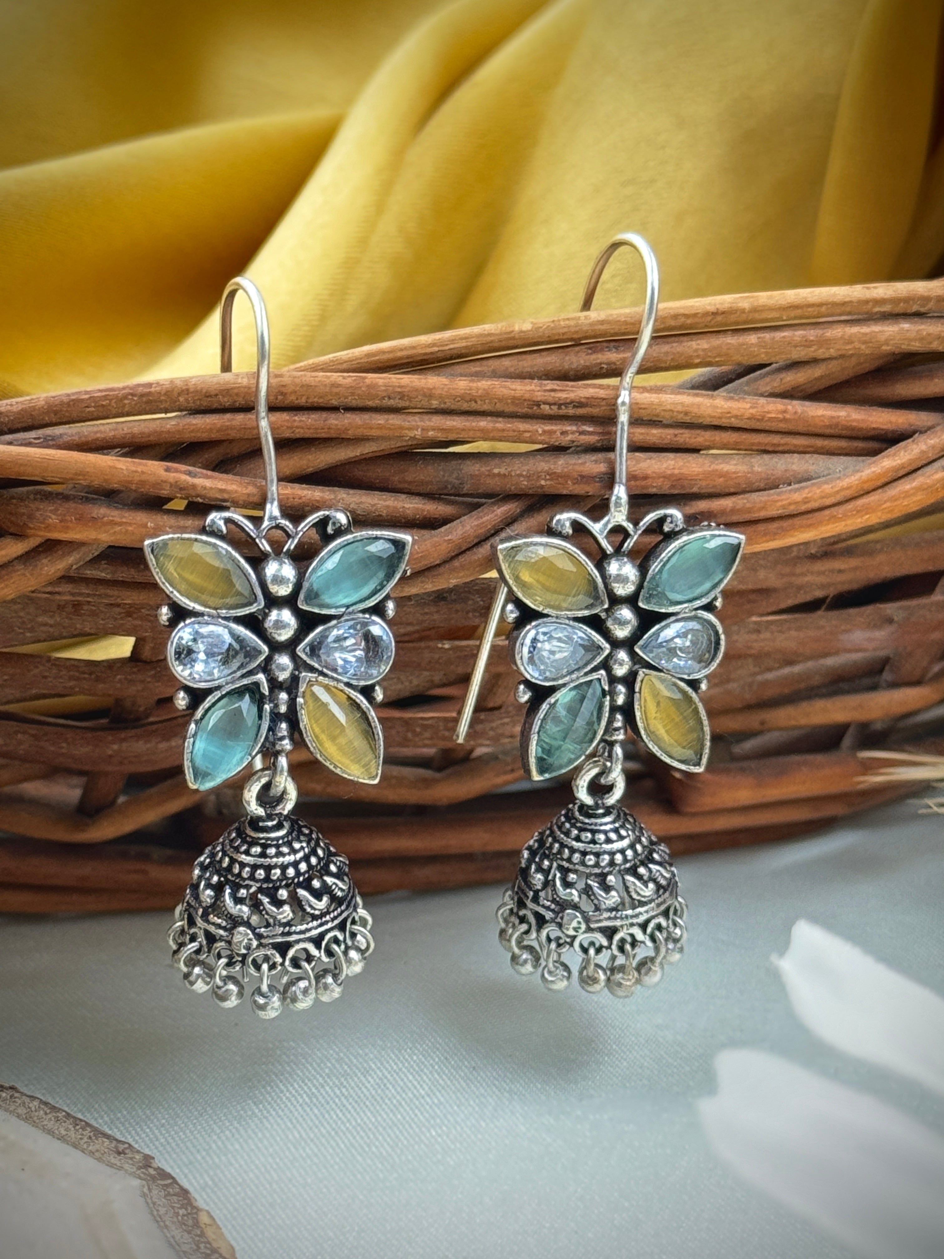 oxidised earrings, oxidized earrings, butterfly earrings, studs, hoops, tops, black and white earrings, kundan, monalisa stones, yellow and blue and white studs