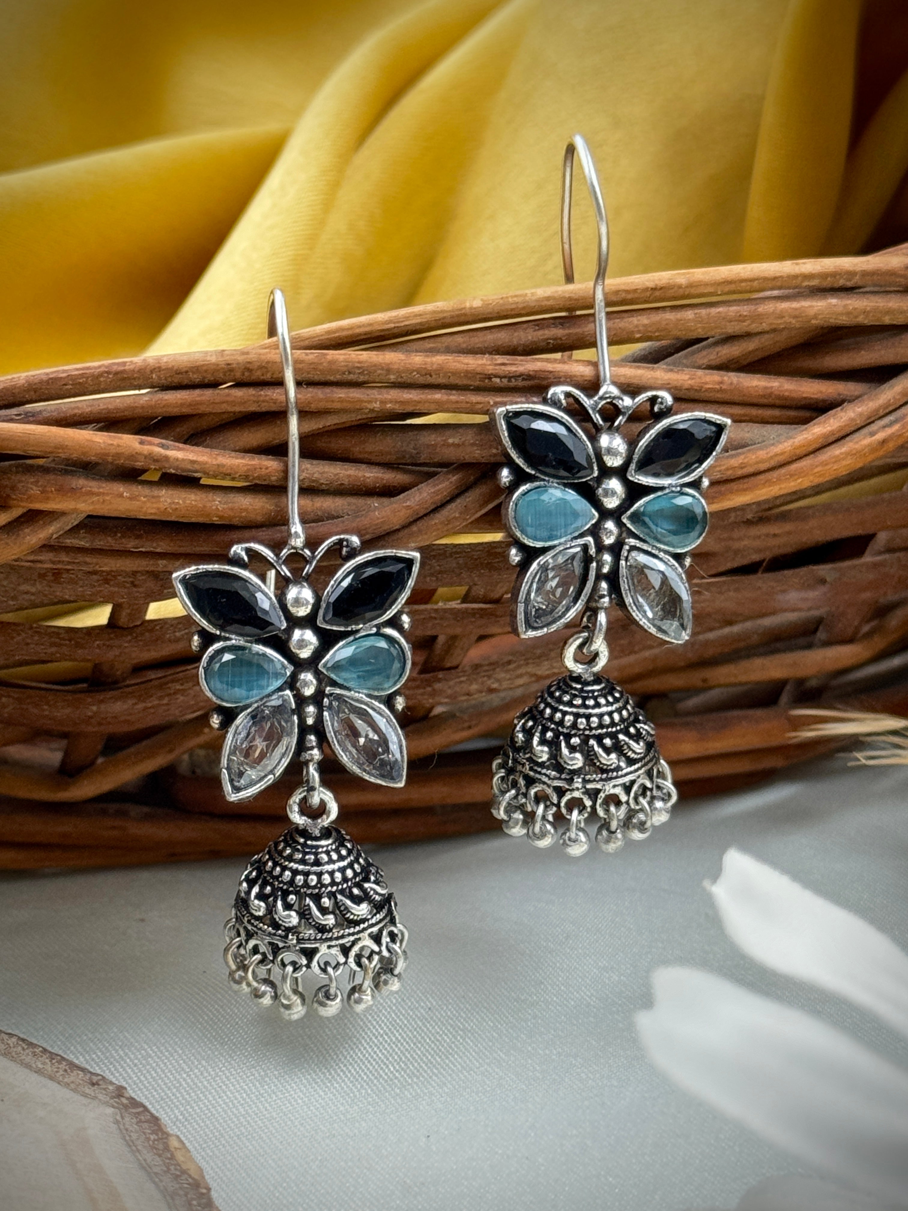 oxidised earrings, oxidized earrings, butterfly earrings, studs, hoops, tops, black and white earrings, kundan, monalisa stones, black and blue and white studs