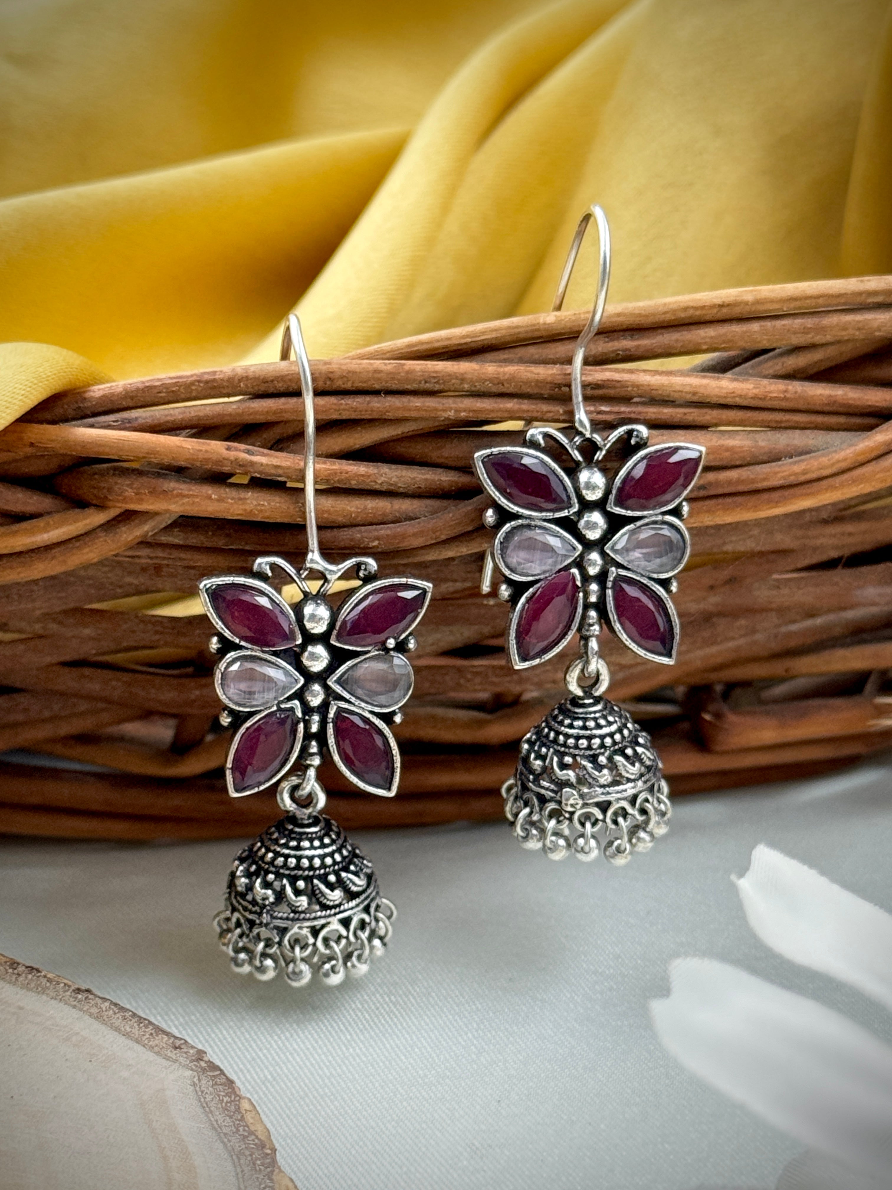 oxidised earrings, oxidized earrings, butterfly earrings, studs, hoops, tops, black and white earrings, kundan, monalisa stones, red and white and red studs