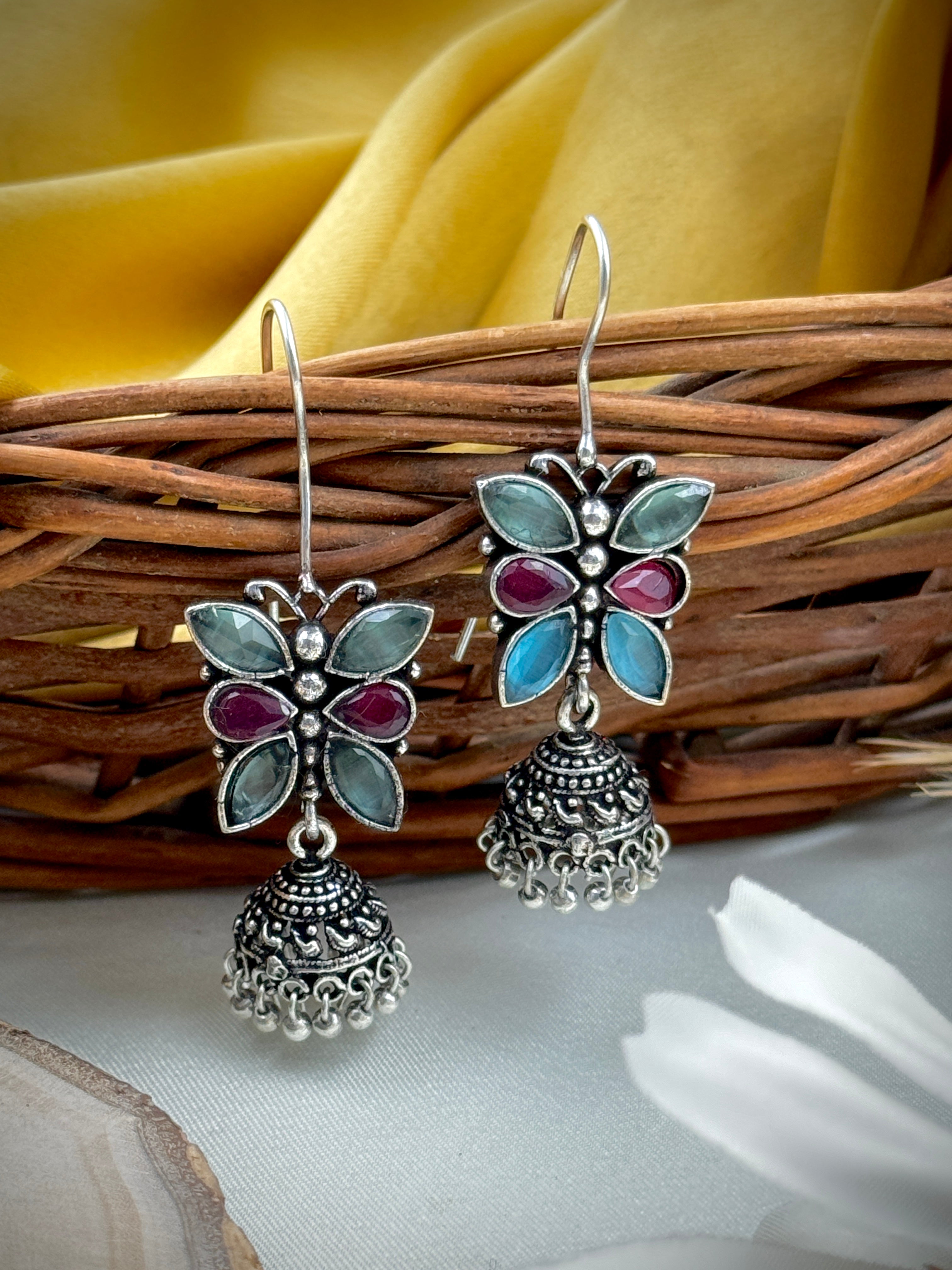 oxidised earrings, oxidized earrings, butterfly earrings, studs, hoops, tops, black and white earrings, kundan, monalisa stones, red and blue and white studs