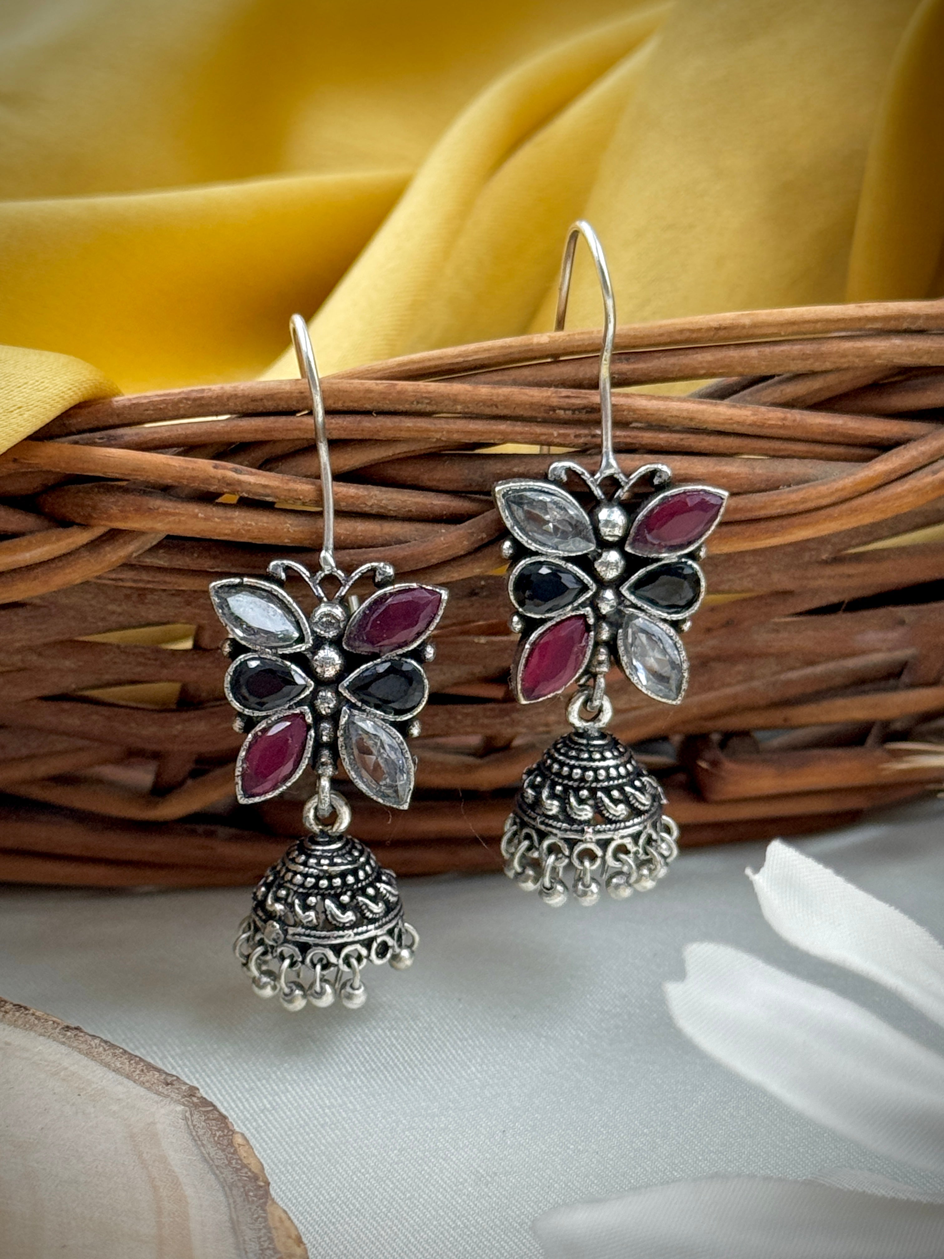 oxidised earrings, oxidized earrings, butterfly earrings, studs, hoops, tops, black and white earrings, kundan, monalisa stones, red and black and white studs