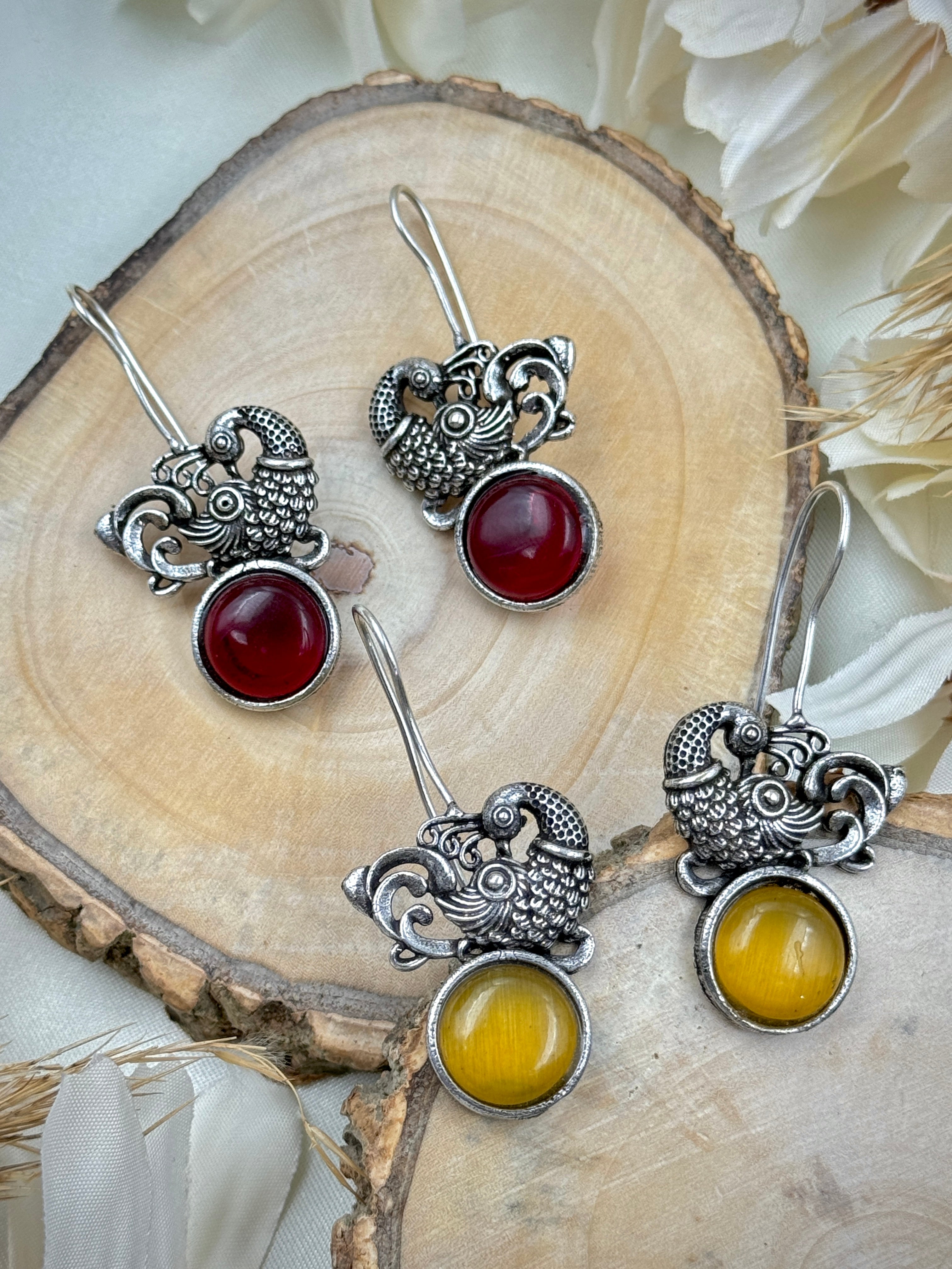 oxidised earrings, oxidized earrings, studs, hoops, tops, morni studs, peacock eariings, kundan earrings, yellow and red stone stud