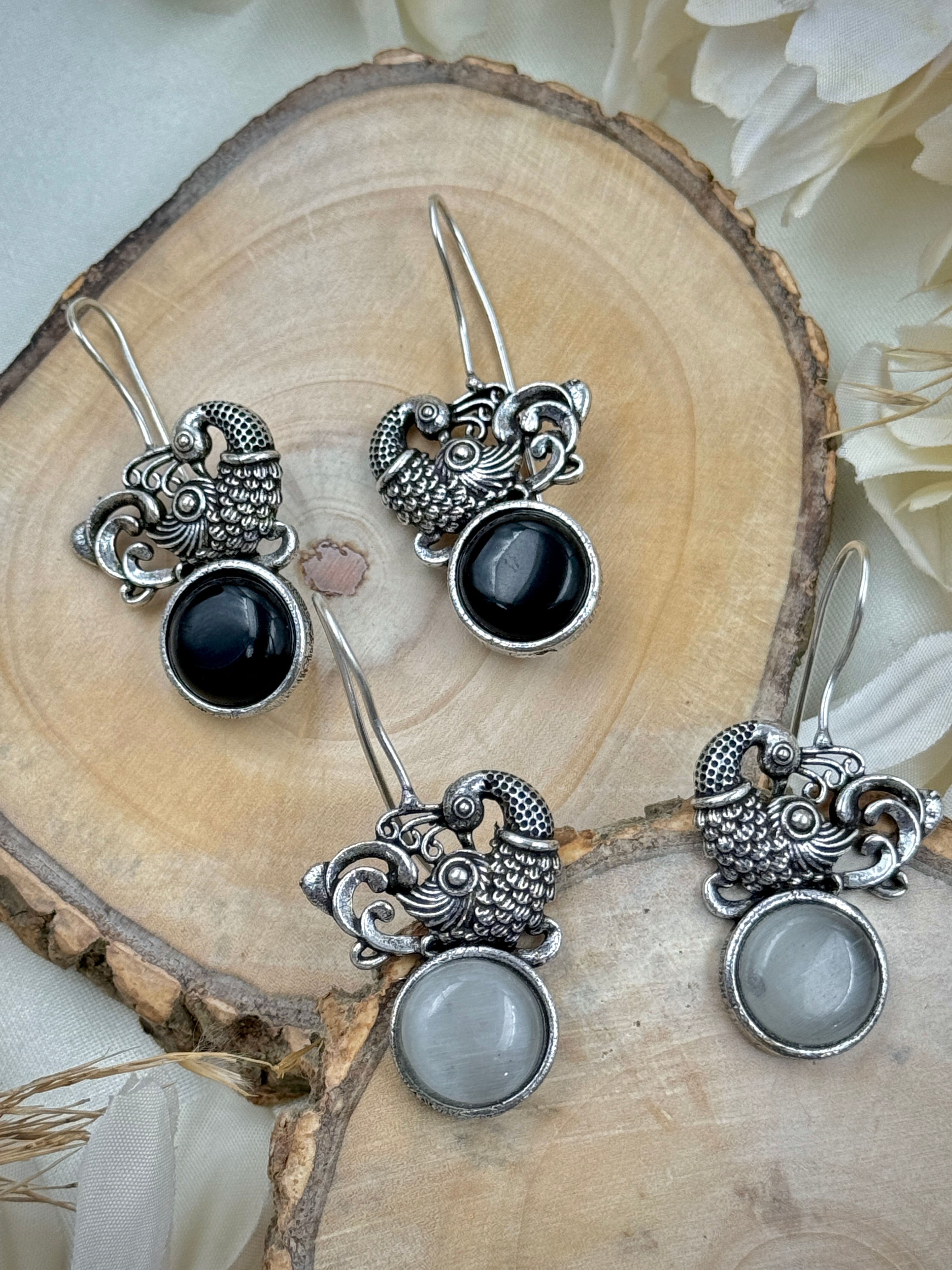 oxidised earrings, oxidized earrings, studs, hoops, tops, morni studs, peacock eariings, kundan earrings, black and white stone stud