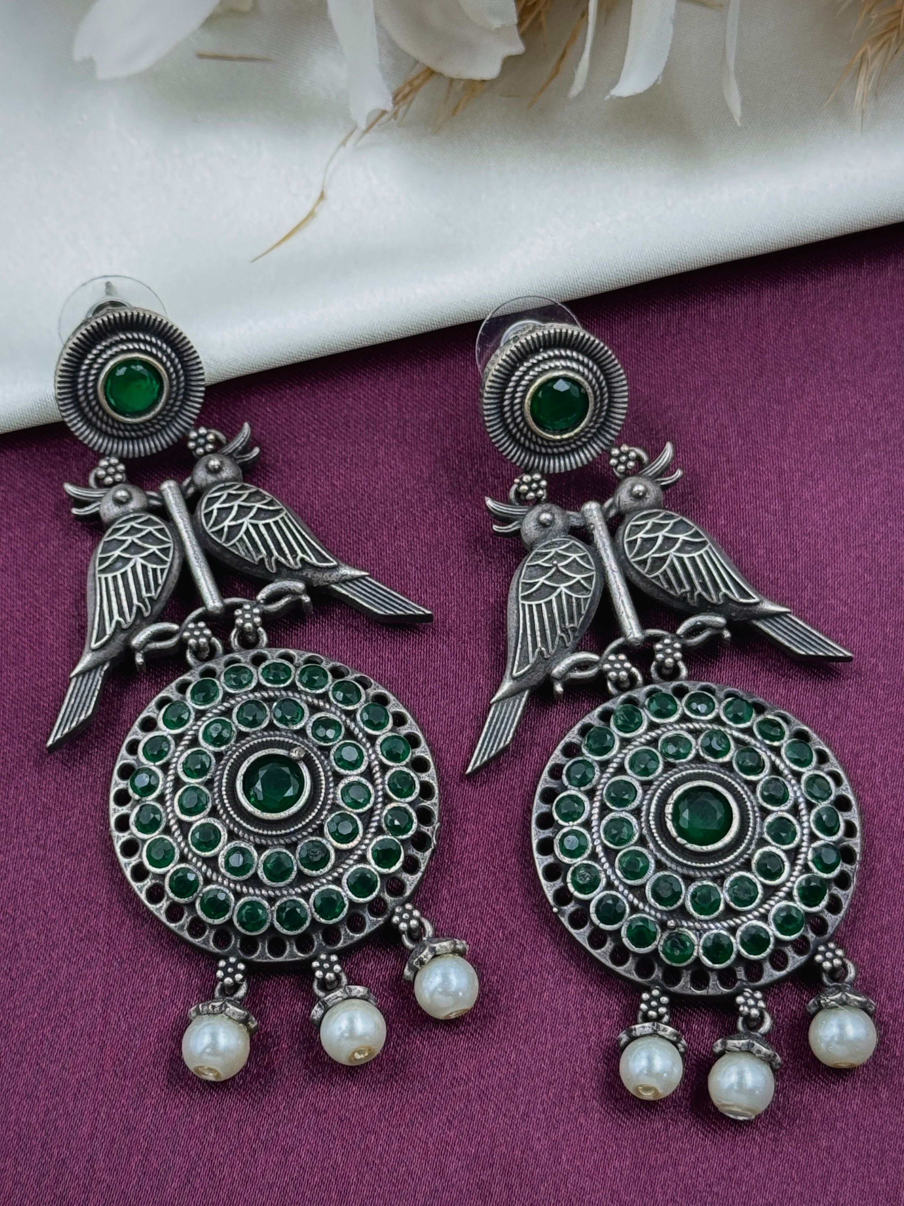 oxidised earrings, oxidized earrings, hoops, studs, tops, bird earrings, bird design, white pearl earrings, kundan, monalisa stone, green stone earrings