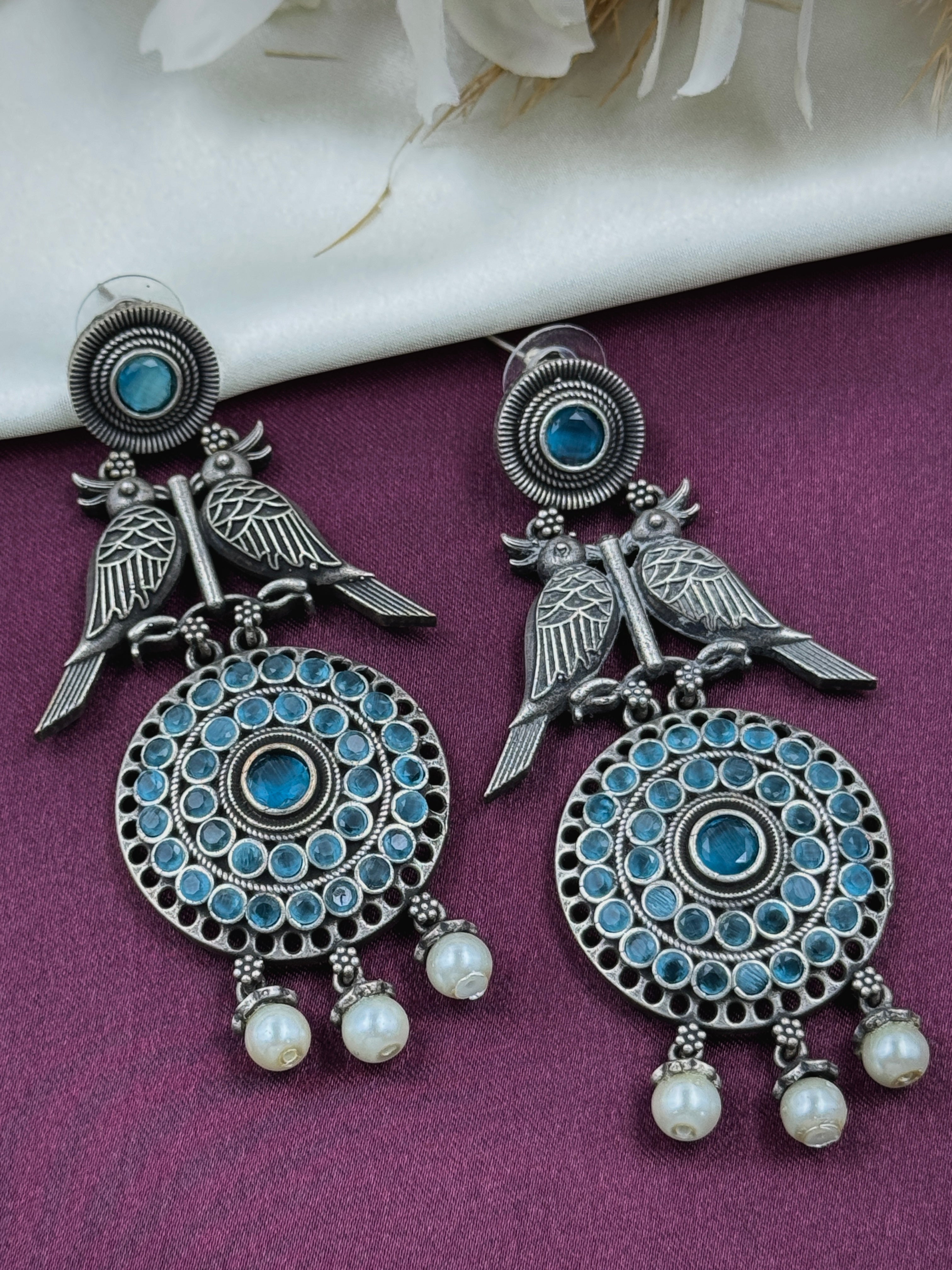 oxidised earrings, oxidized earrings, hoops, studs, tops, bird earrings, bird design, white pearl earrings, kundan, monalisa stone, light blue stone earrings