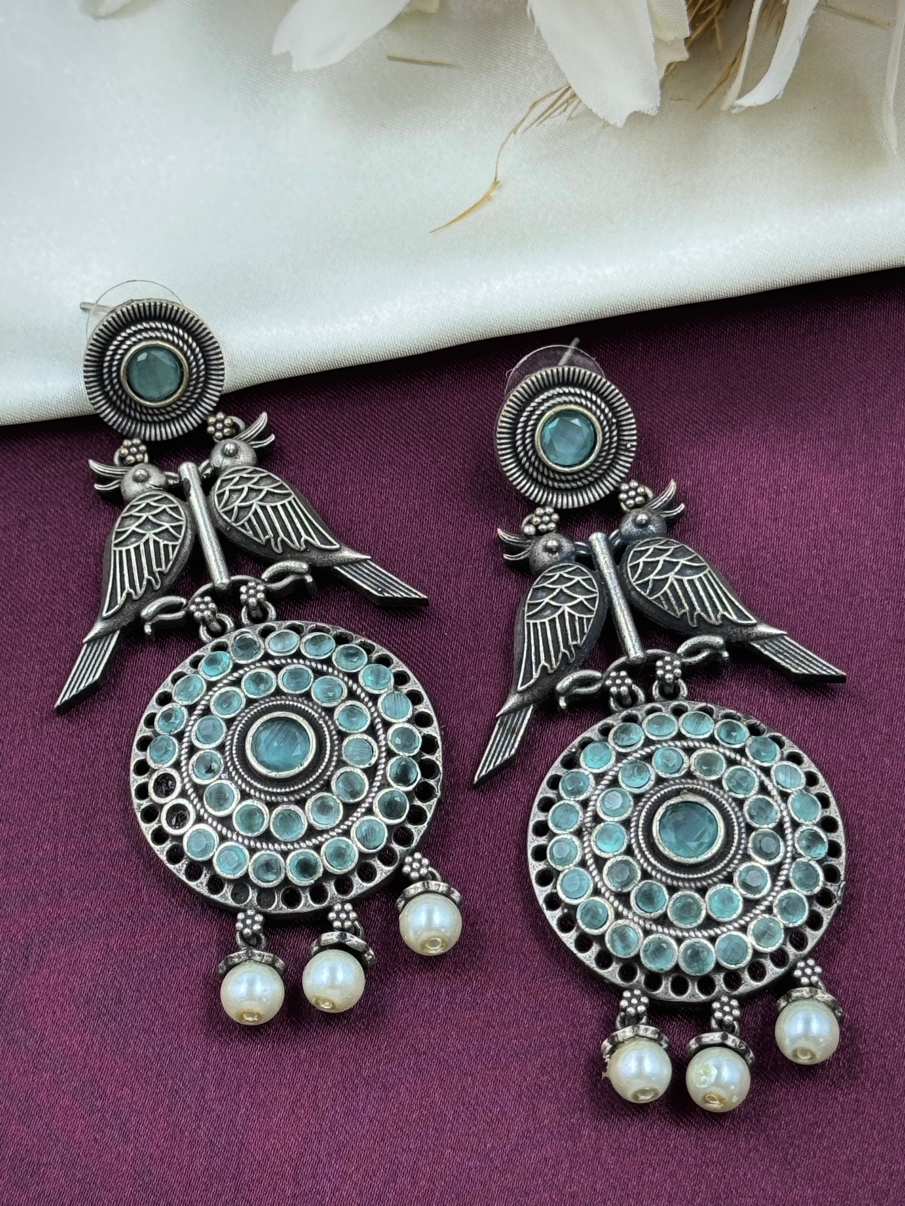 oxidised earrings, oxidized earrings, hoops, studs, tops, bird earrings, bird design, white pearl earrings, kundan, monalisa stone, turquoise stone earrings