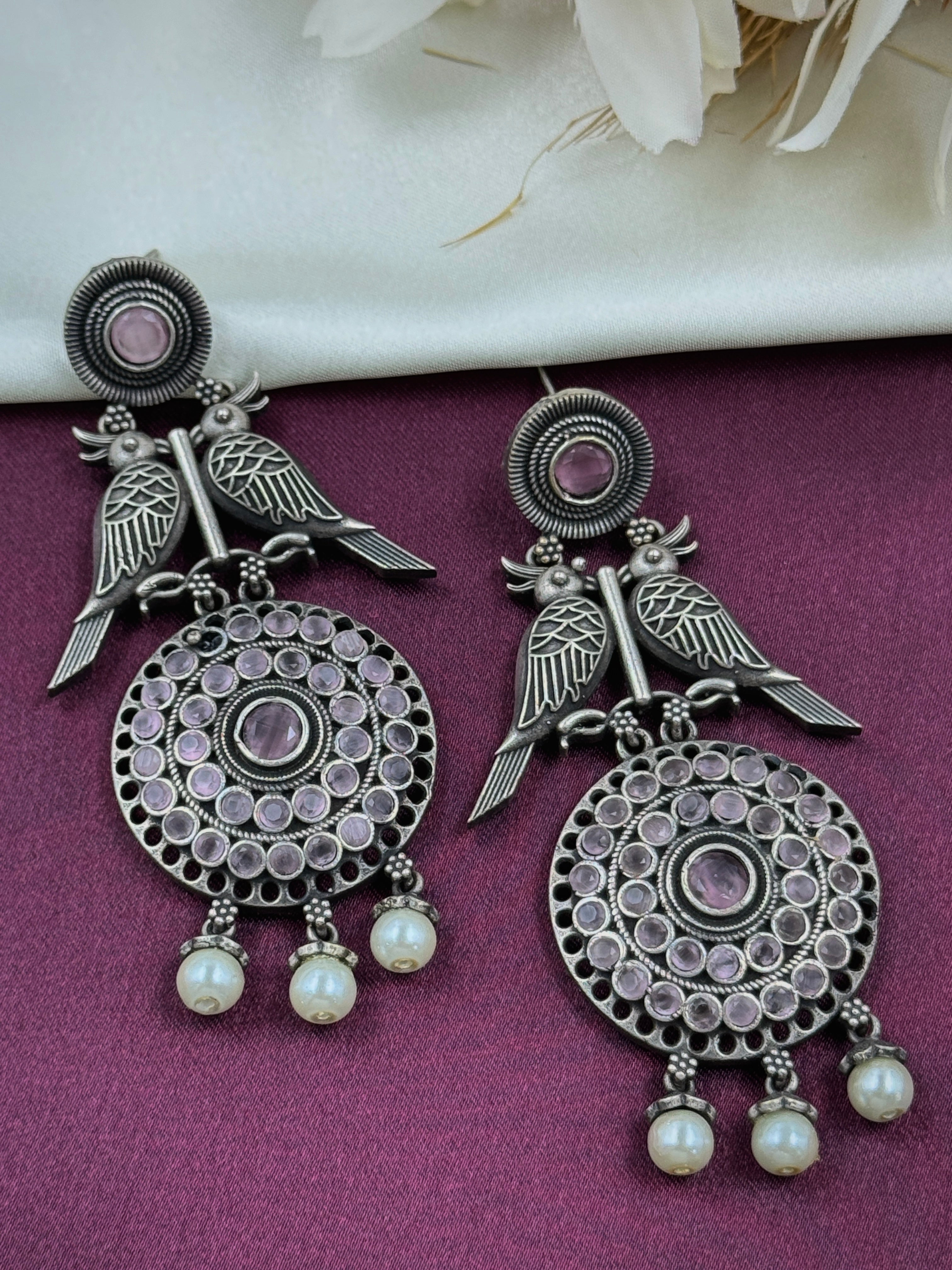 oxidised earrings, oxidized earrings, hoops, studs, tops, bird earrings, bird design, white pearl earrings, kundan, monalisa stone, pink stone earrings