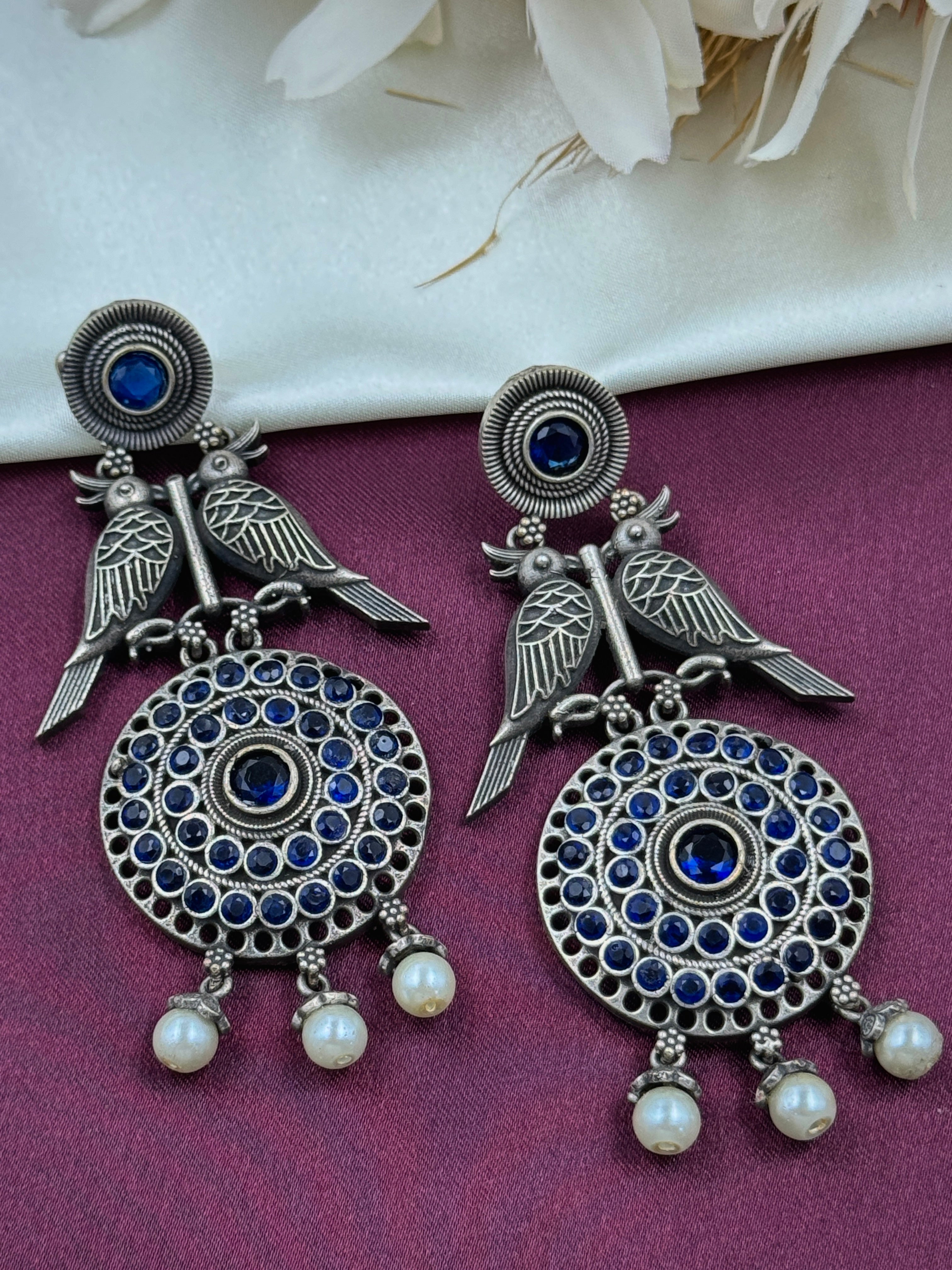 oxidised earrings, oxidized earrings, hoops, studs, tops, bird earrings, bird design, white pearl earrings, kundan, monalisa stone, blue stone earrings