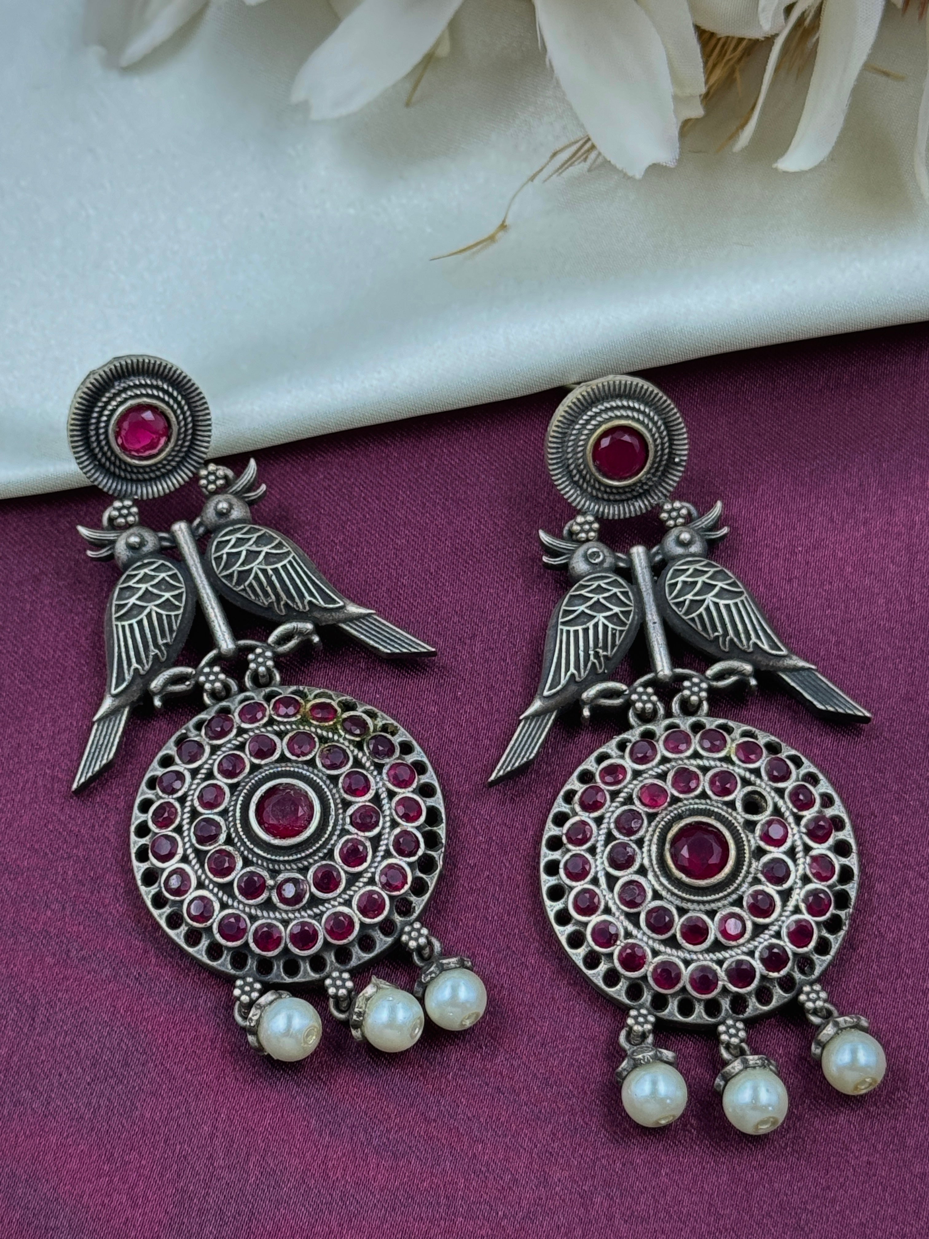 oxidised earrings, oxidized earrings, hoops, studs, tops, bird earrings, bird design, white pearl earrings, kundan, monalisa stone, pink stone earrings