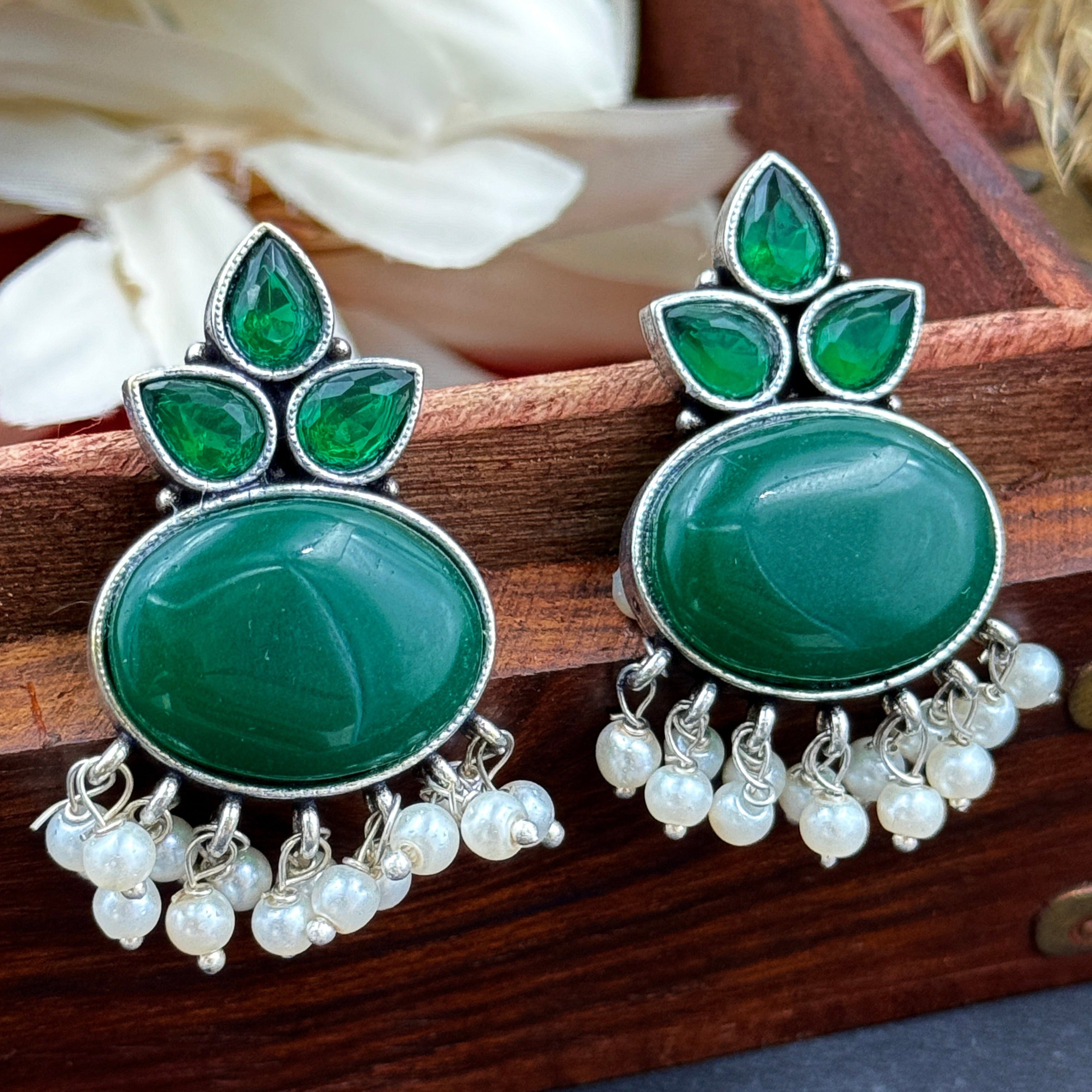 green oxidised earings, silver earings, green kundan, monalisa stones, studs, drops, earings, pearl, white pearl earings