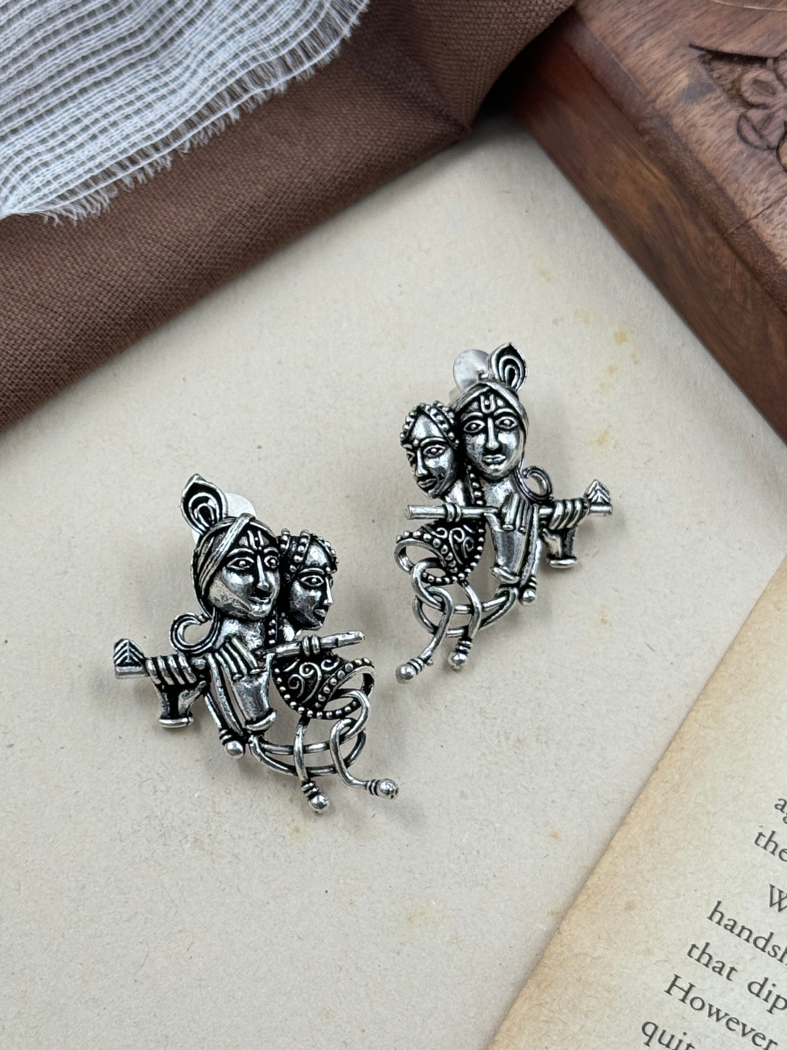 krishna earings, earrings, murli earrings, basari earings, oxidised earrings, silver earings, radha krisna earings