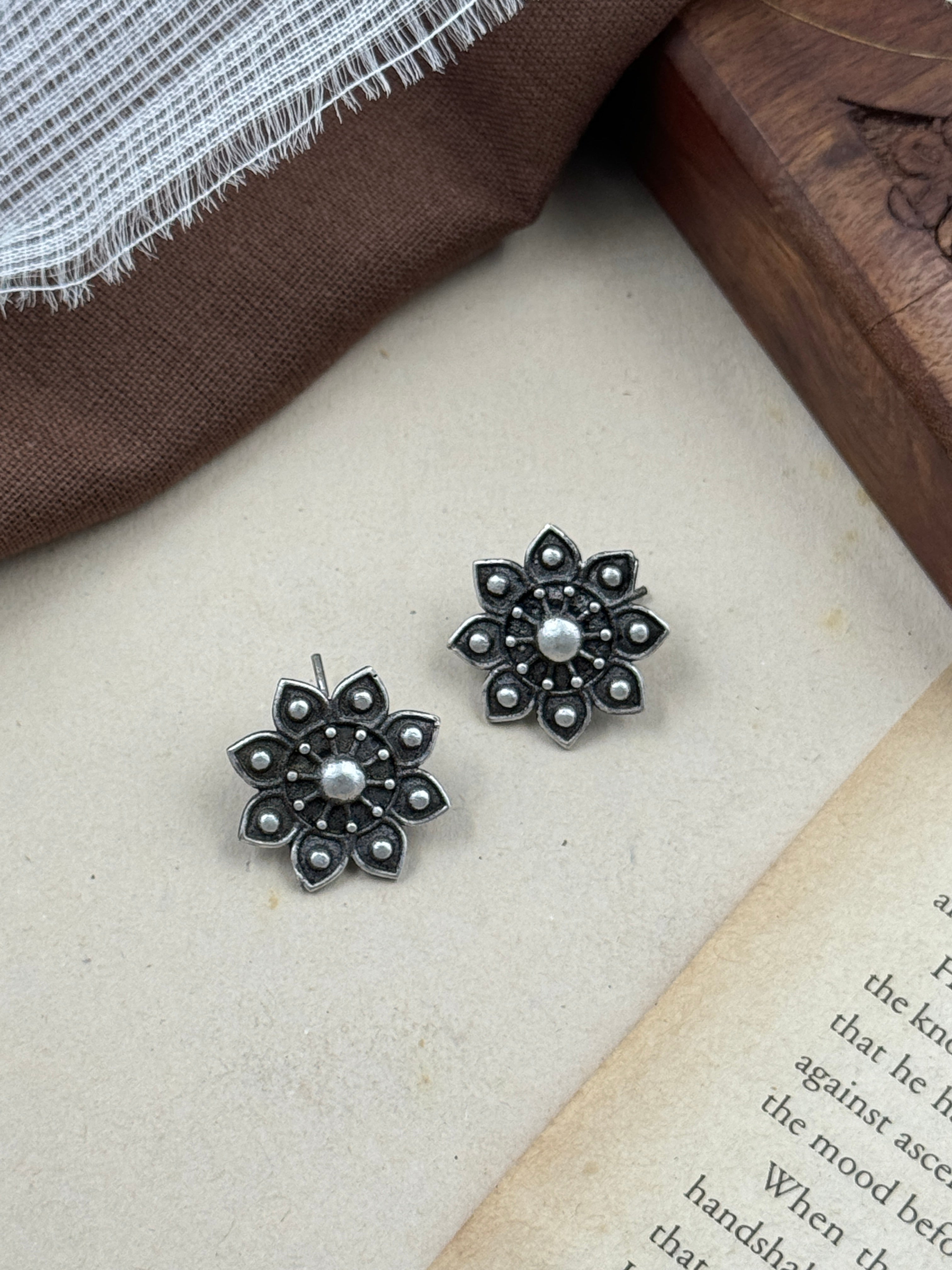 floral earings, oxidised studs, silver earings, hoops, studs