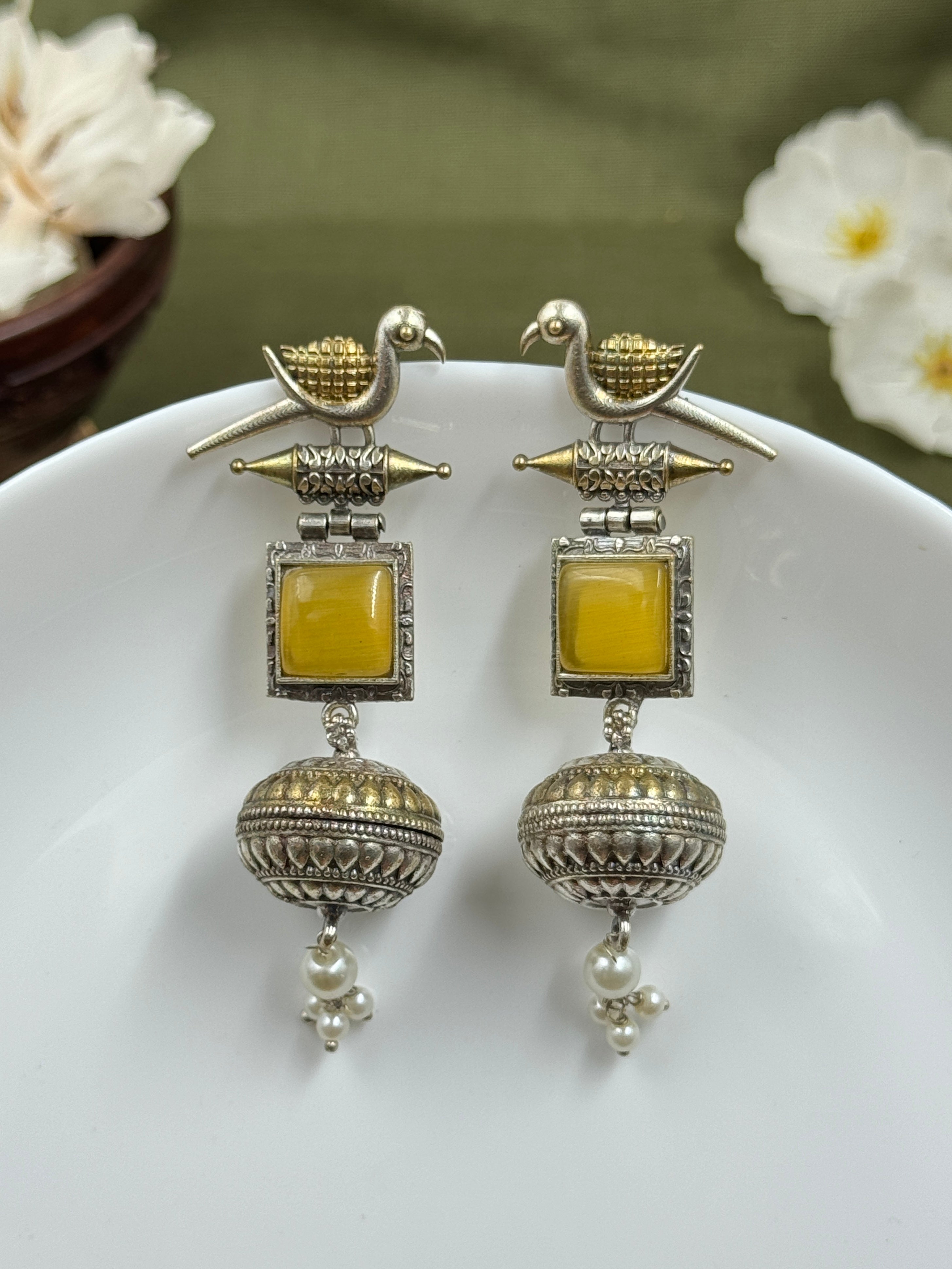 Elegantly Carved Two Toned Earrings