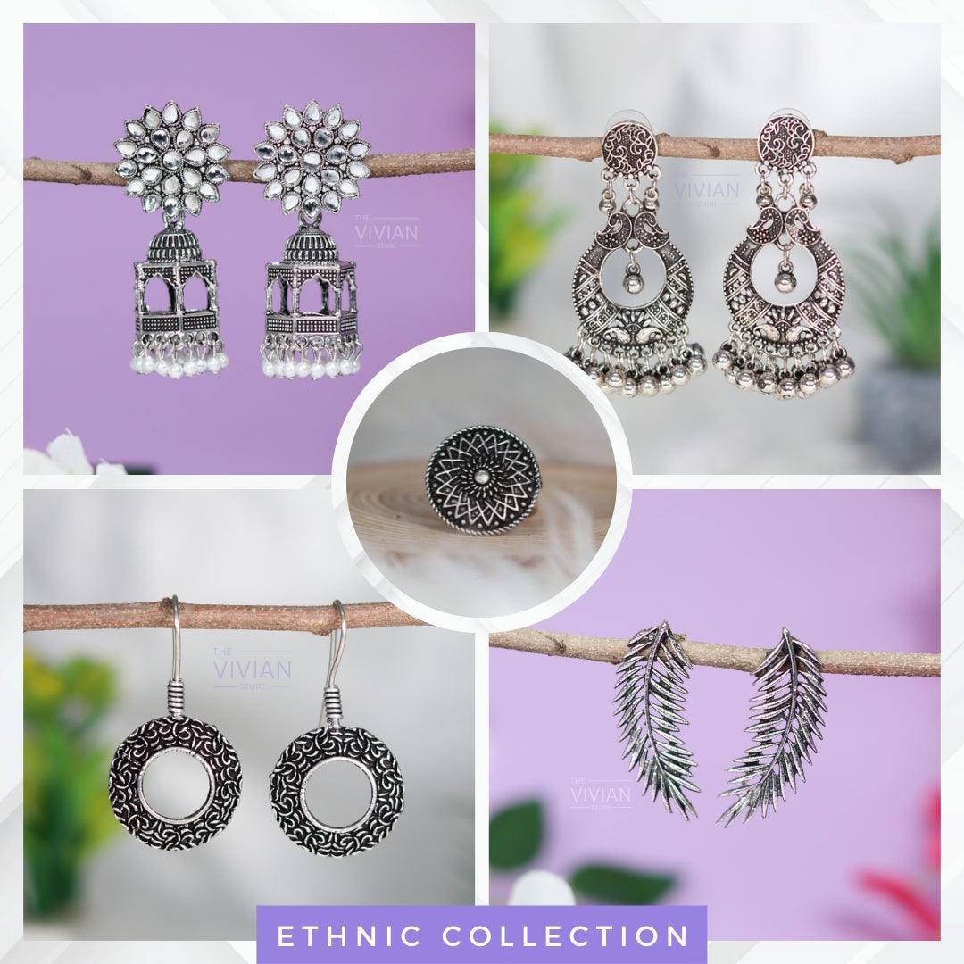 Gorgeous Collection Of 4 Oxidised Jhumkas With Free Adjustable Ring - The Vivian Store